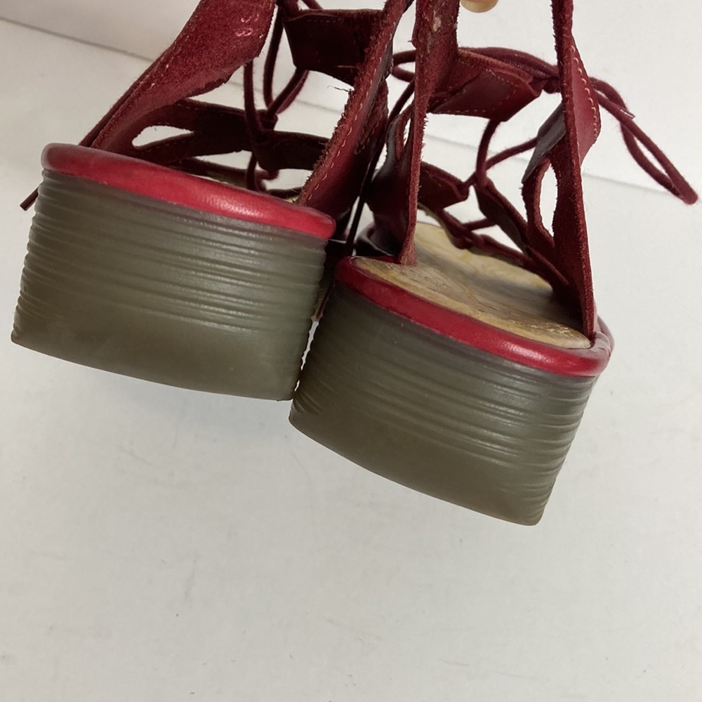 Fly London Sandals Womens 38 Red Leather Lace Up Platform Shoes Comfy - Picture 8 of 14